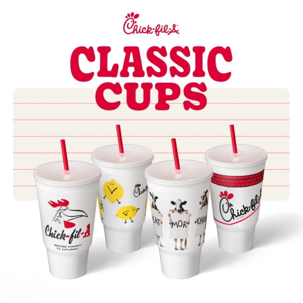 Full Set of 4 Chick-fil-A Classic Cups includes cups, lids, straws. & bookmark